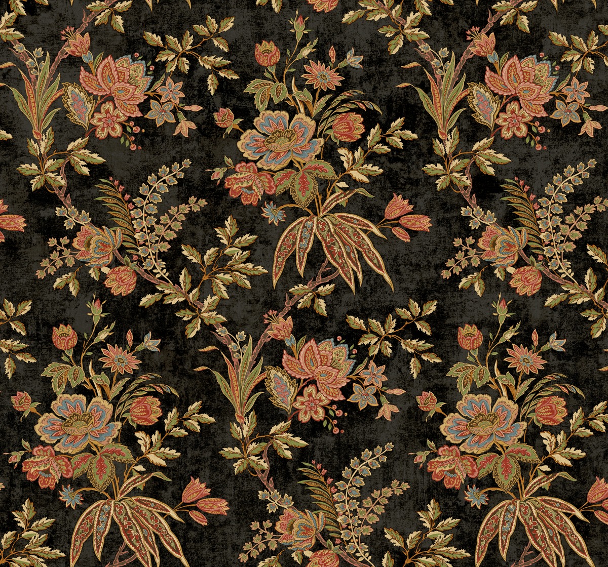 Traditional Jacobean Wallpaper in Rich Black TX40400 from Wallquest | eBay