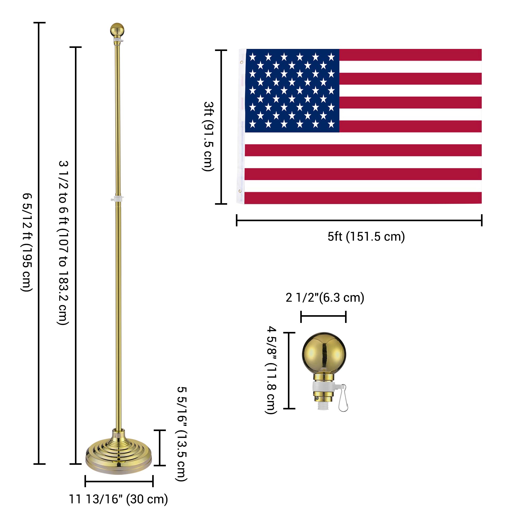 6/8 Ft Telescoping Flag Pole Kit Gold Ball/Eagle Topper Base Aluminum