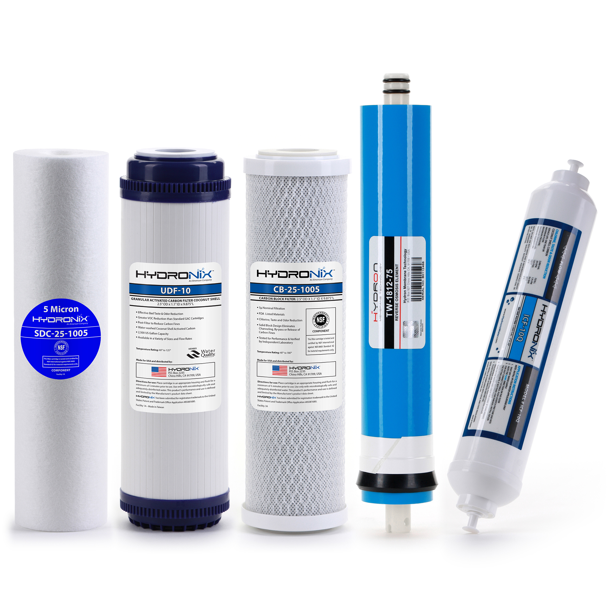Hydronix Reverse Osmosis Replacement Filter Set RO Cartridges 5 pcs, 75 GPD Membrane, QC