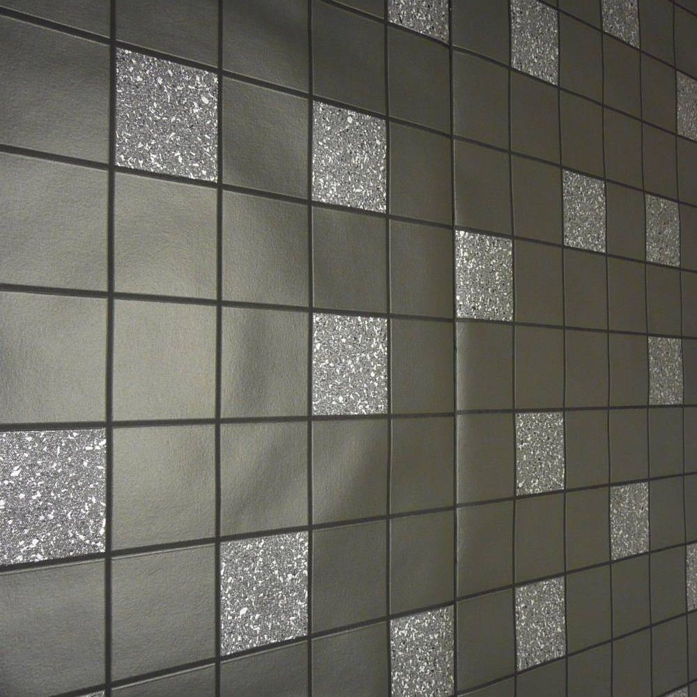 Black Grey Glitter Tile Effect Wallpaper Granite Silver Tile on a Roll