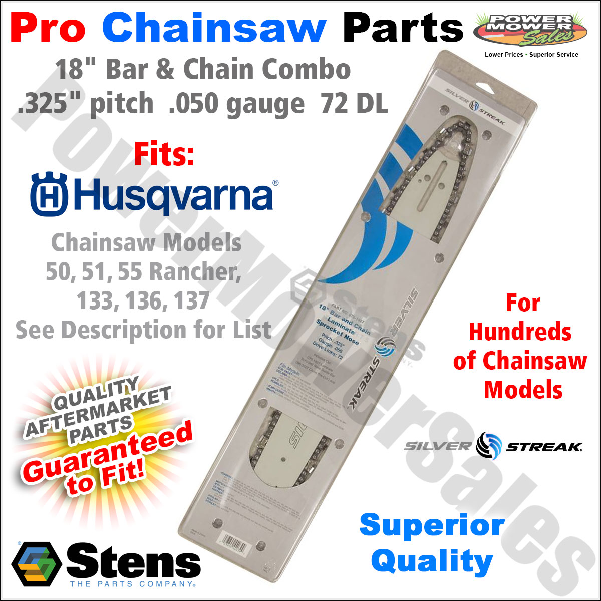 18" Bar & Chain (.050) Husqvarna Chainsaws 50, 51, 55 Rancher, 133, 136, 137