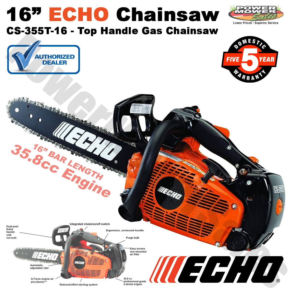 Echo CS355T-16 Top Handle Gas Chainsaw 35.8 CC Engine with 16-inch