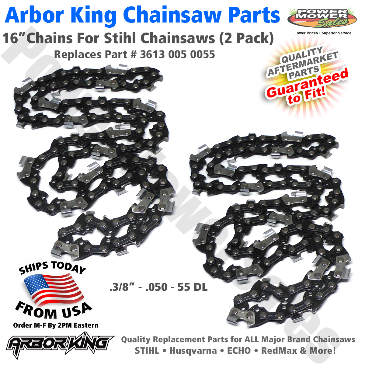 (2 Pack) 16” Chainsaw Chains 3/8 .050 55 DL / Stihl 3636 005 0055 / Low