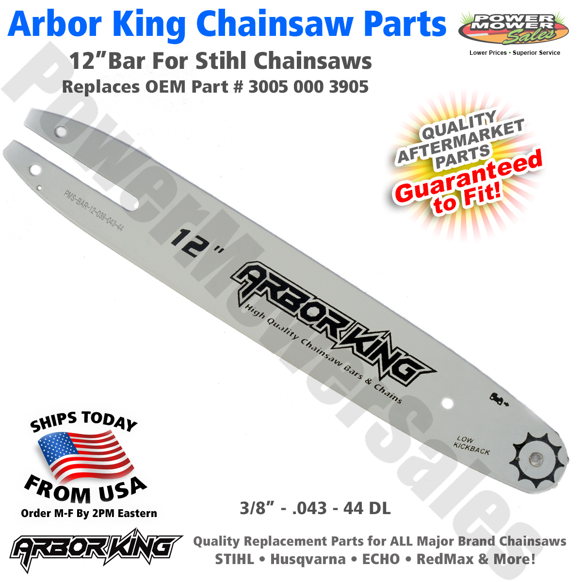 12” Chainsaw Bar 3/8 .043 44 / Stihl MS180 MS193 MS200 MS210 MS230 3005