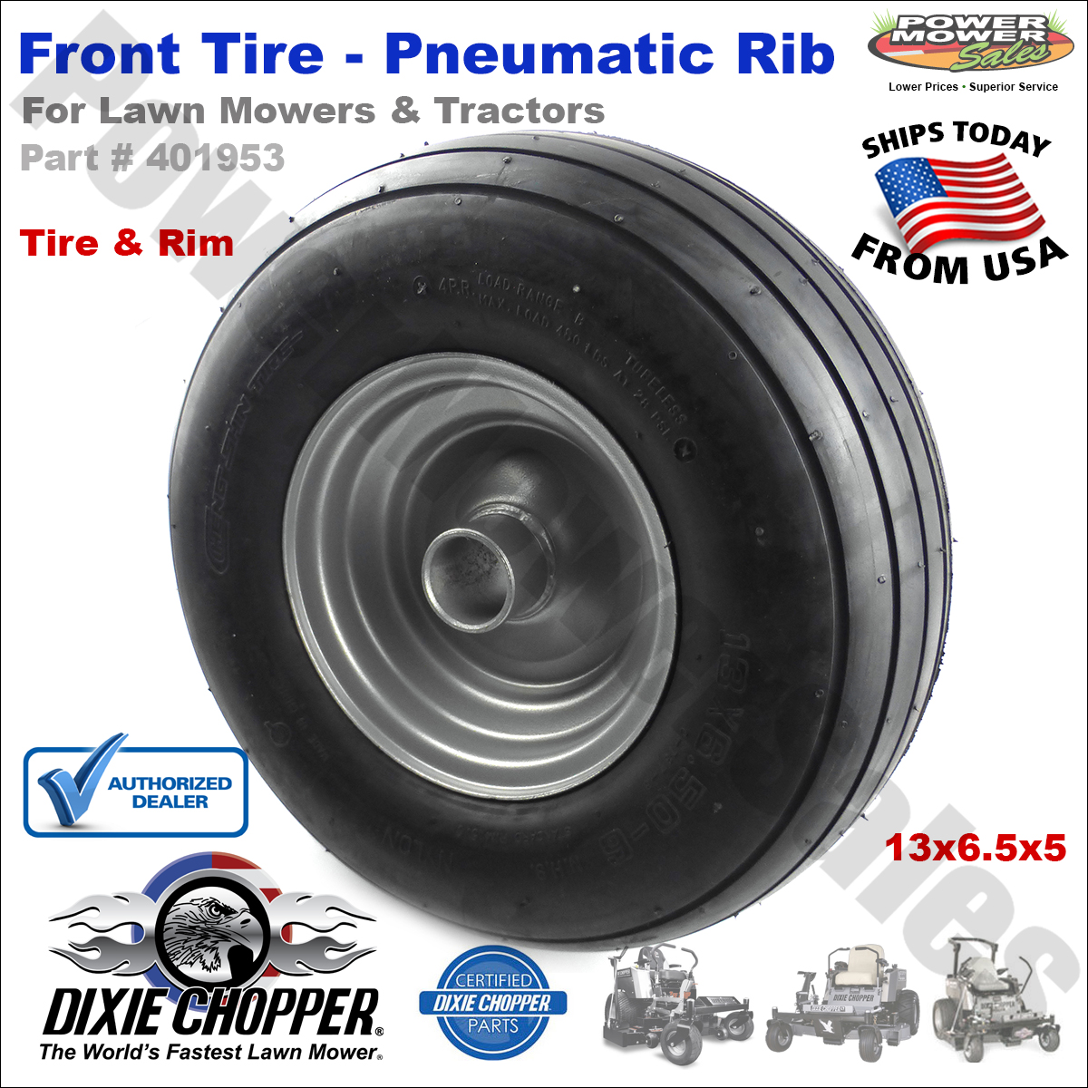 Dixie Chopper Front Wheel 13x6.5x6 Pneumatic Rib Tire for Lawn