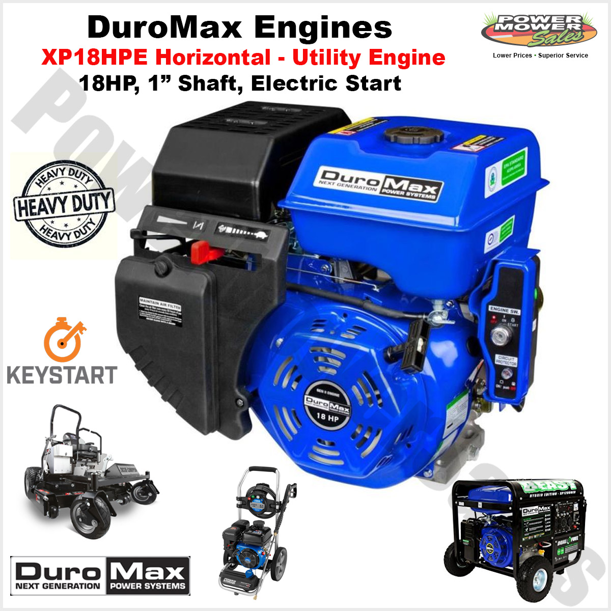 DuroMax Utility Recoil / Electric Start Engine 1" Shaft, 18 HP