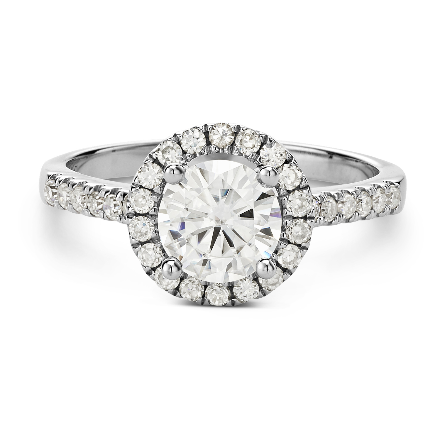 1.3 CTW DEW Round Lab-Created Moissanite Halo Engagement Ring in 14K White Gold - Picture 9 of 84