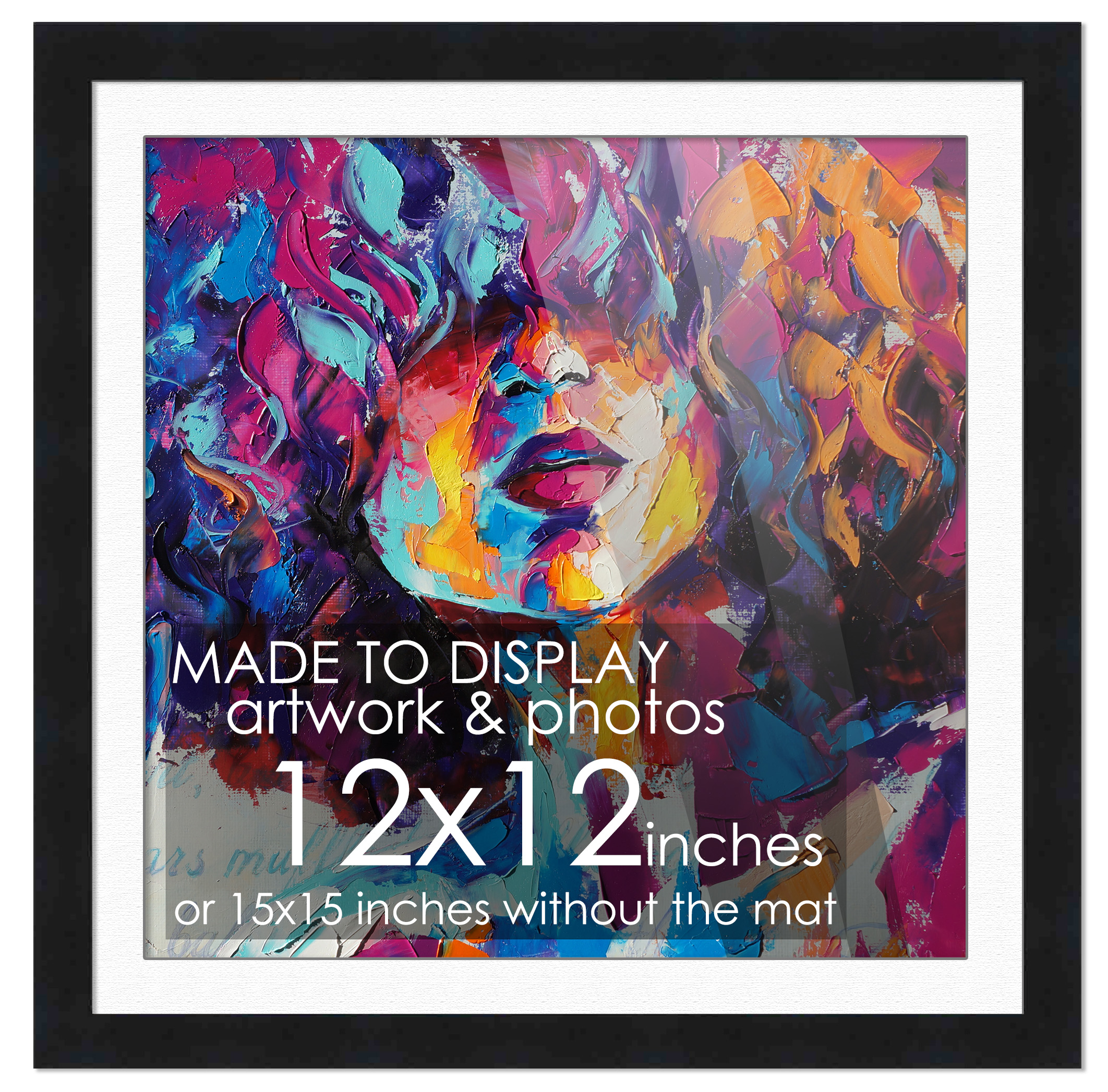 12×12 Frame Black for 12×12 Picture or 15×15 Art Poster Without White Photo Mat