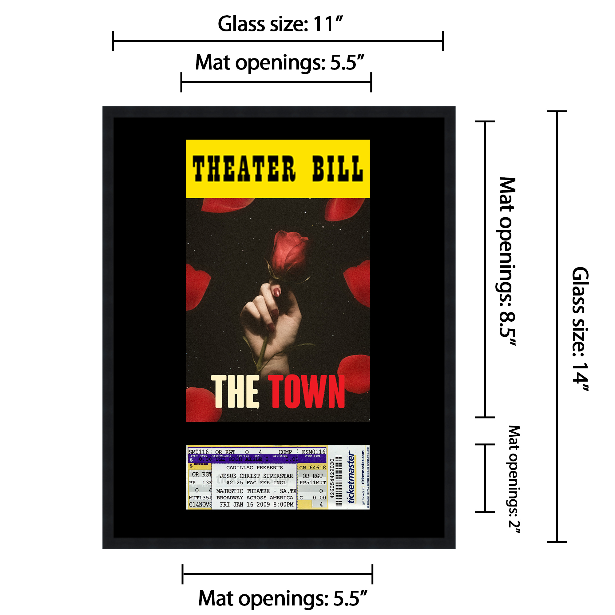 11x14 Black Playbill Frame With Black Mat 2 Openings For Playbill and Ticket - Imagen 2 de 6