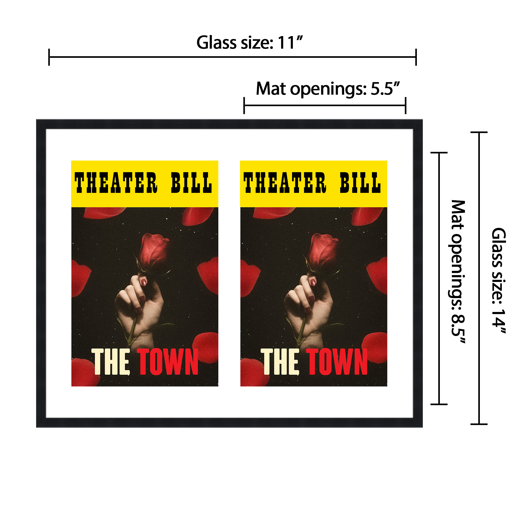 11x14 Black Playbill Frame With White Mat With 2 Openings For 2 Playbills detailed image 2
