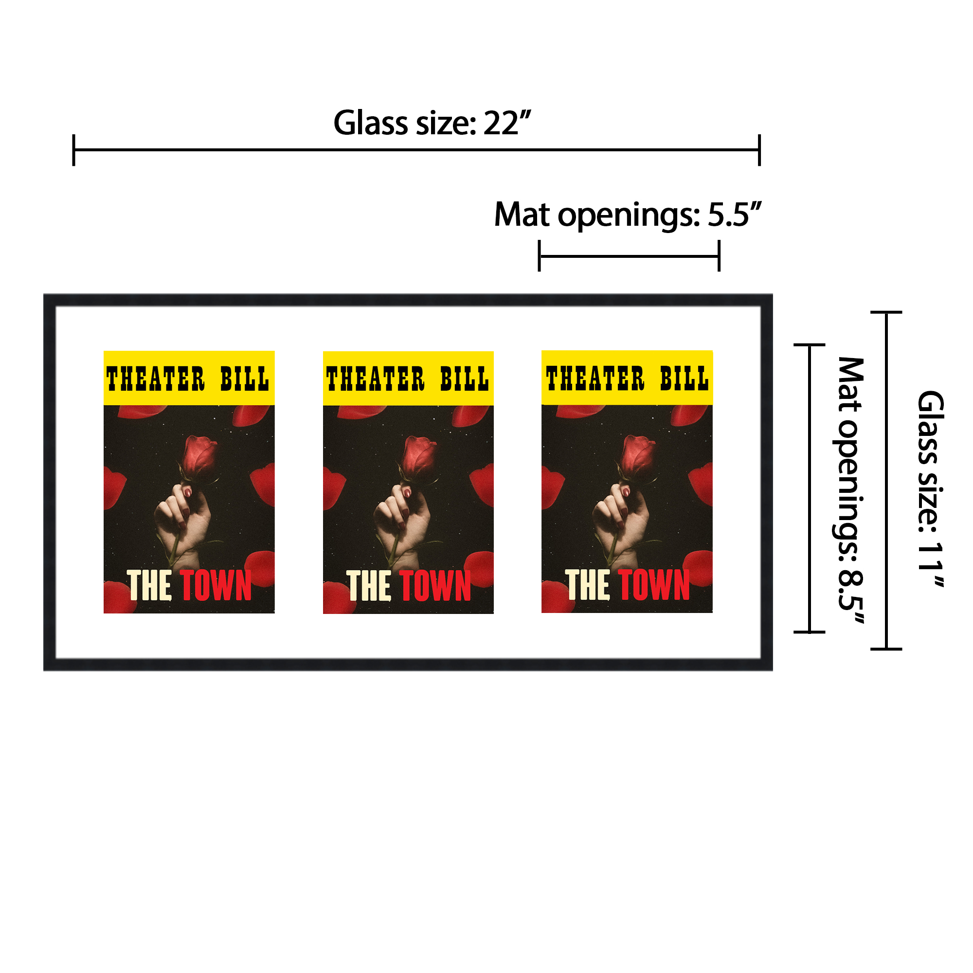 11x22 Black Playbill Frame With White Mat With 3 Openings For 3 Playbills detailed image 2