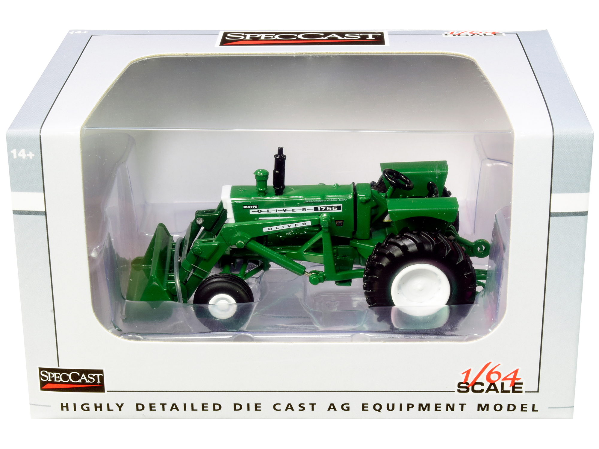 SpecCast Collectibles White Oliver 1755 Wide Front Tractor with Loader Green 1/64 Diecast Model