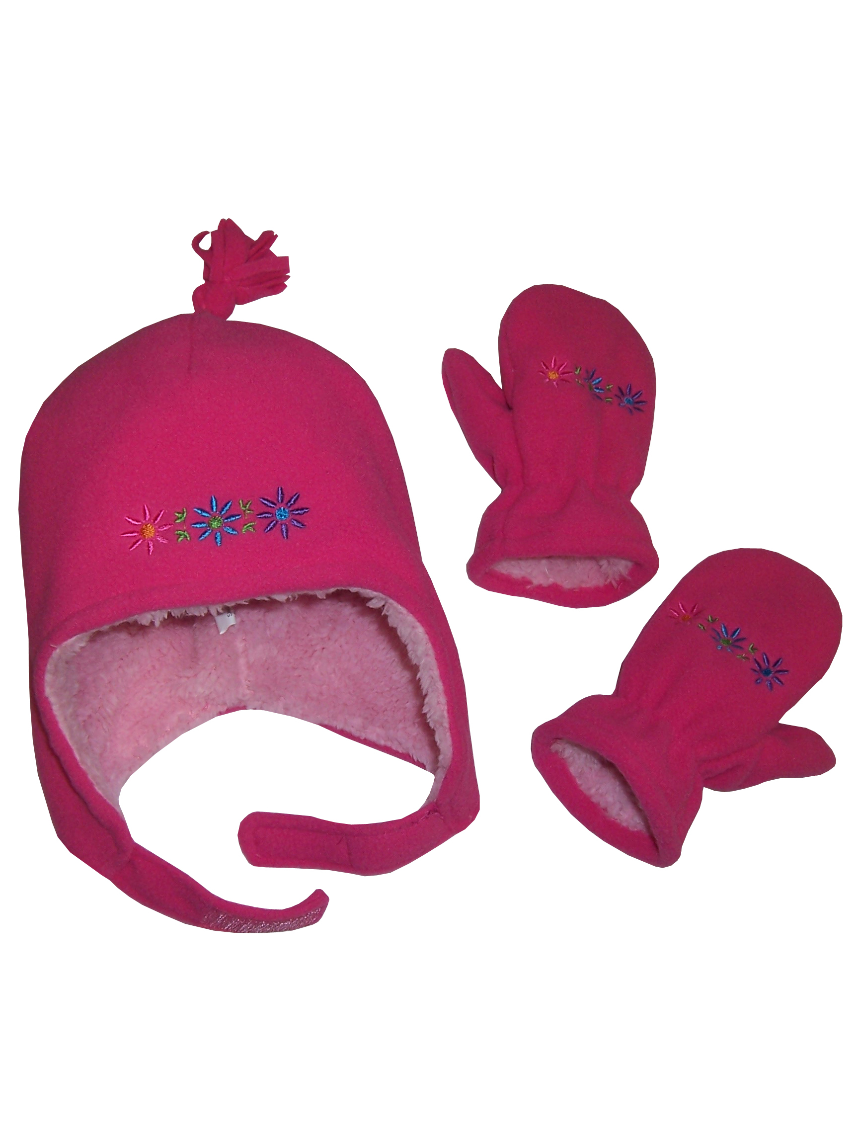 NICE CAPS Little Girls and Baby Sherpa Lined Fleece Floral Hat Mitten Winter Set - Picture 3 of 3