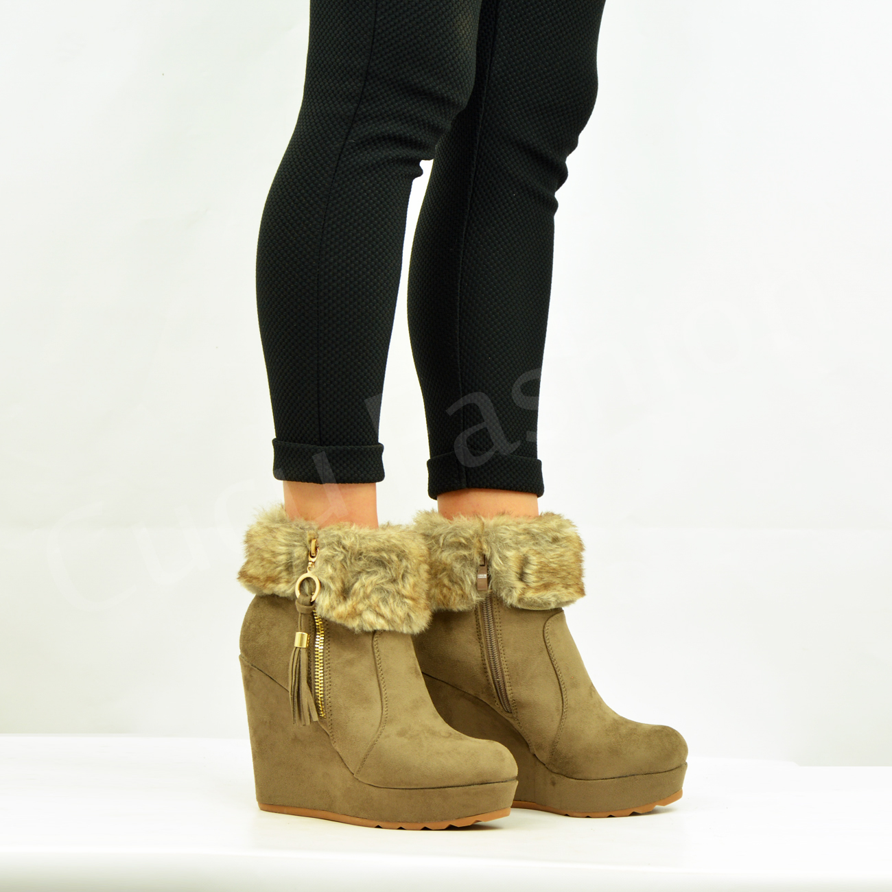 New Womens Fur Lined Ankle Boots Ladies Wedge Platforms