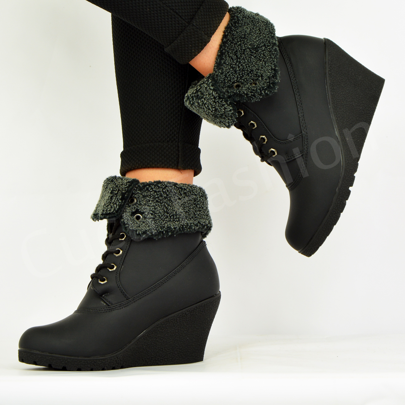 New Womens Fur Lined Ankle Boots Ladies Wedge Platform