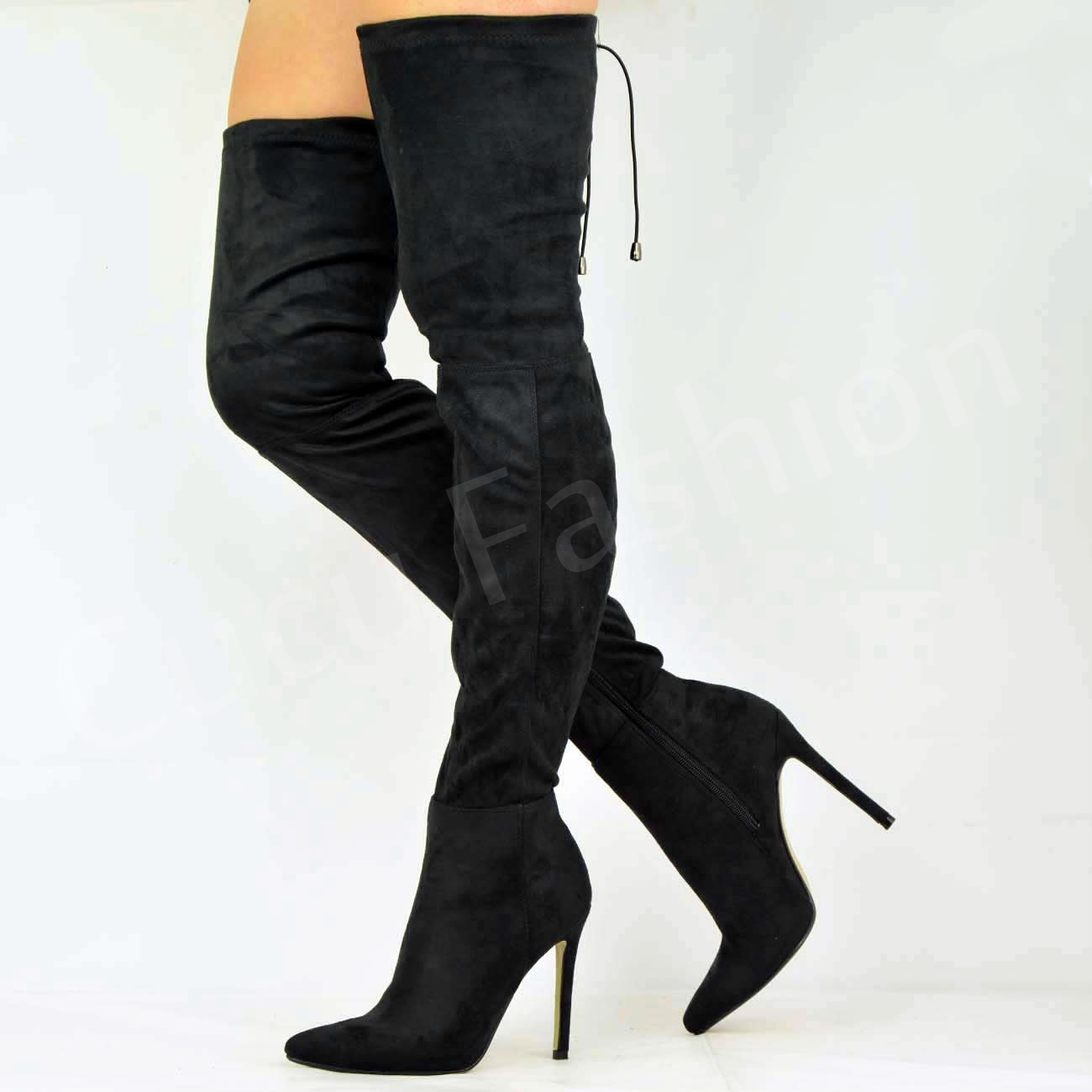 Stivali Donna Sopra Il Ginocchio In Materiale Elastico, Tacco Stiletto 10cm - Eleganti Per Serate E Feste