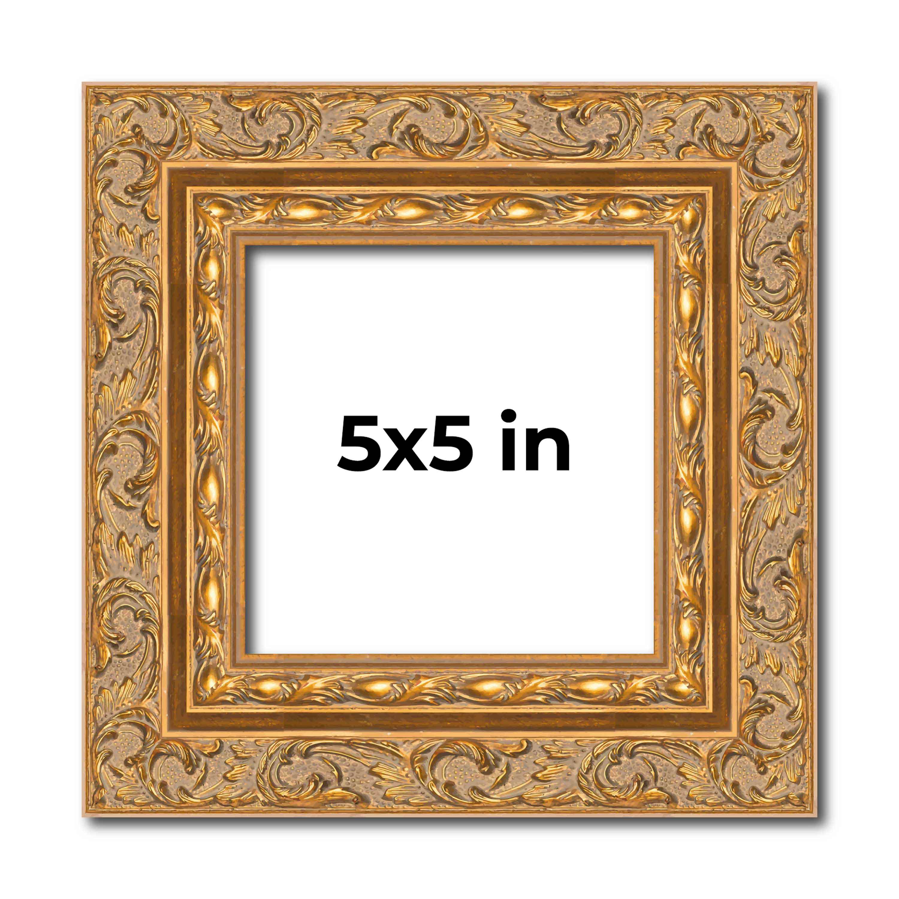 5x5 Frame Gold Ornate Solid Wood Picture Frame | 2 Inch Moulding Width | Firman