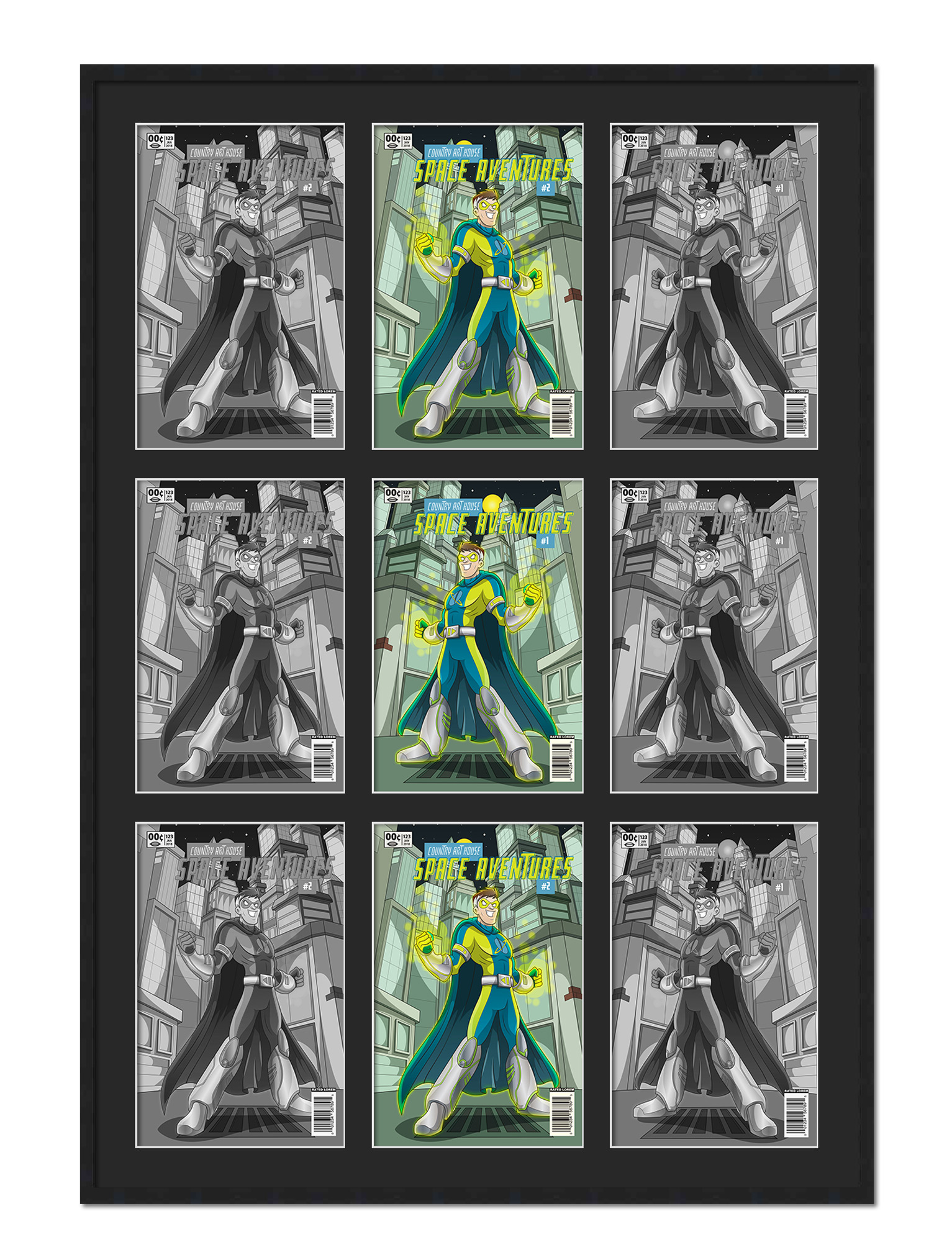Black Comic Book Frame w/ Black Mat To Display 9 Current Era Comics