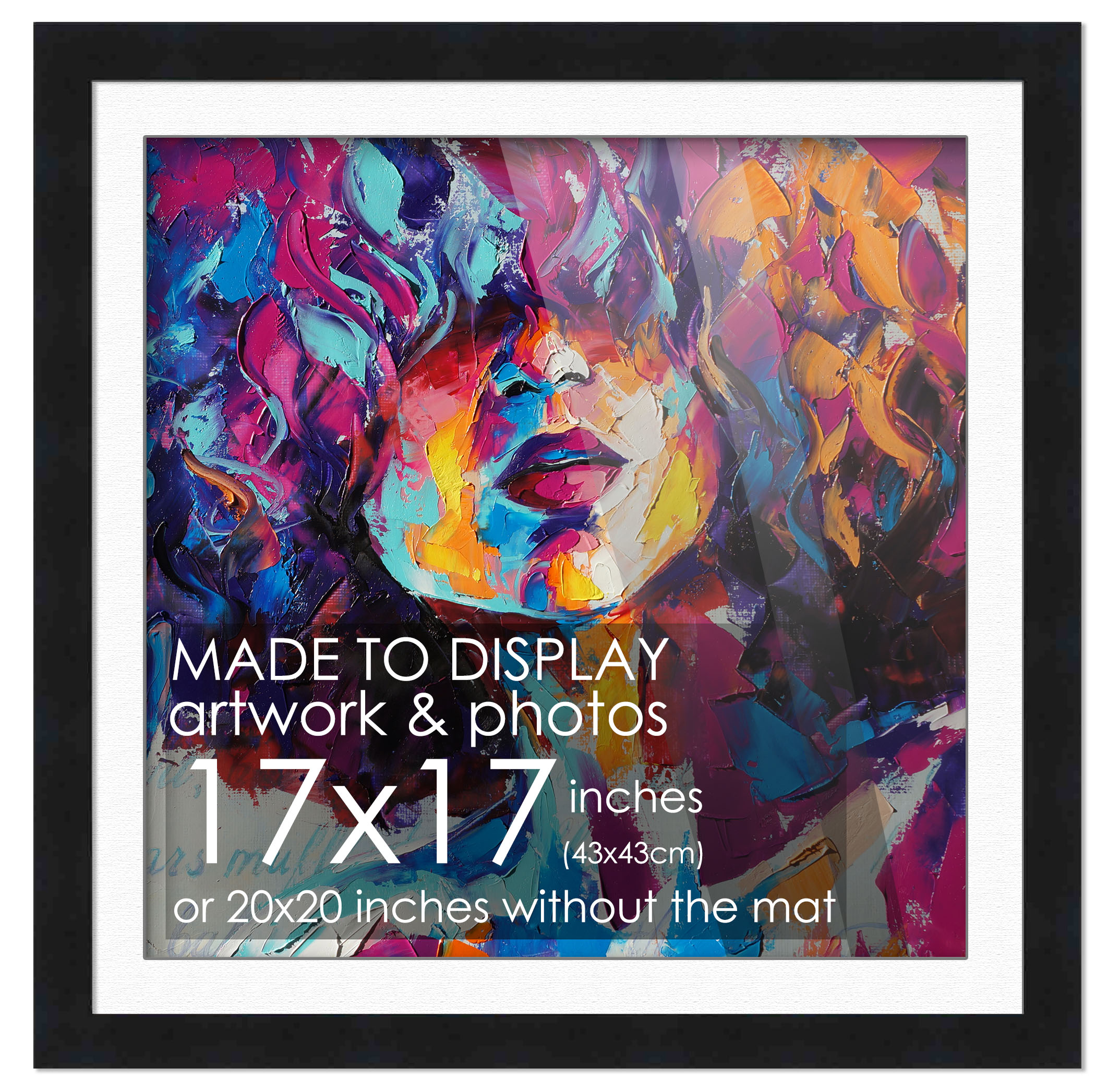 17×17 Frame Black With White Picture Mat For 17×17 Print – Or 20×20 Art Without