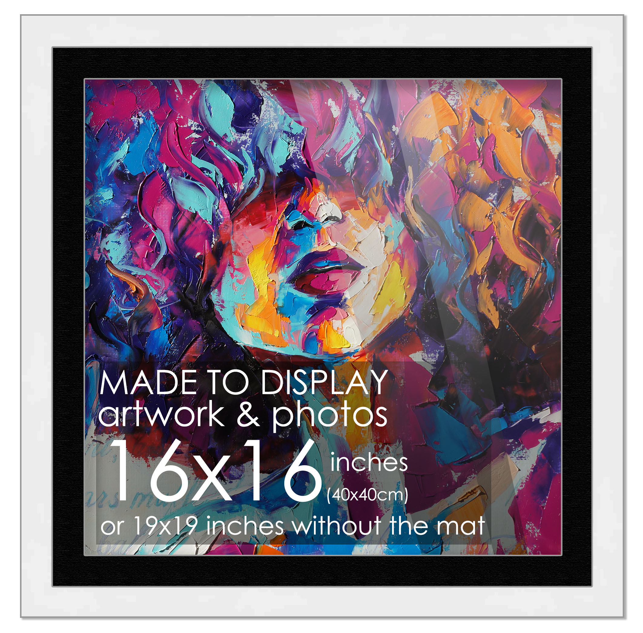 16x16 Frame White Matted for 16x16 Picture or 19x19 Art Poster Without Photo Mat main product image