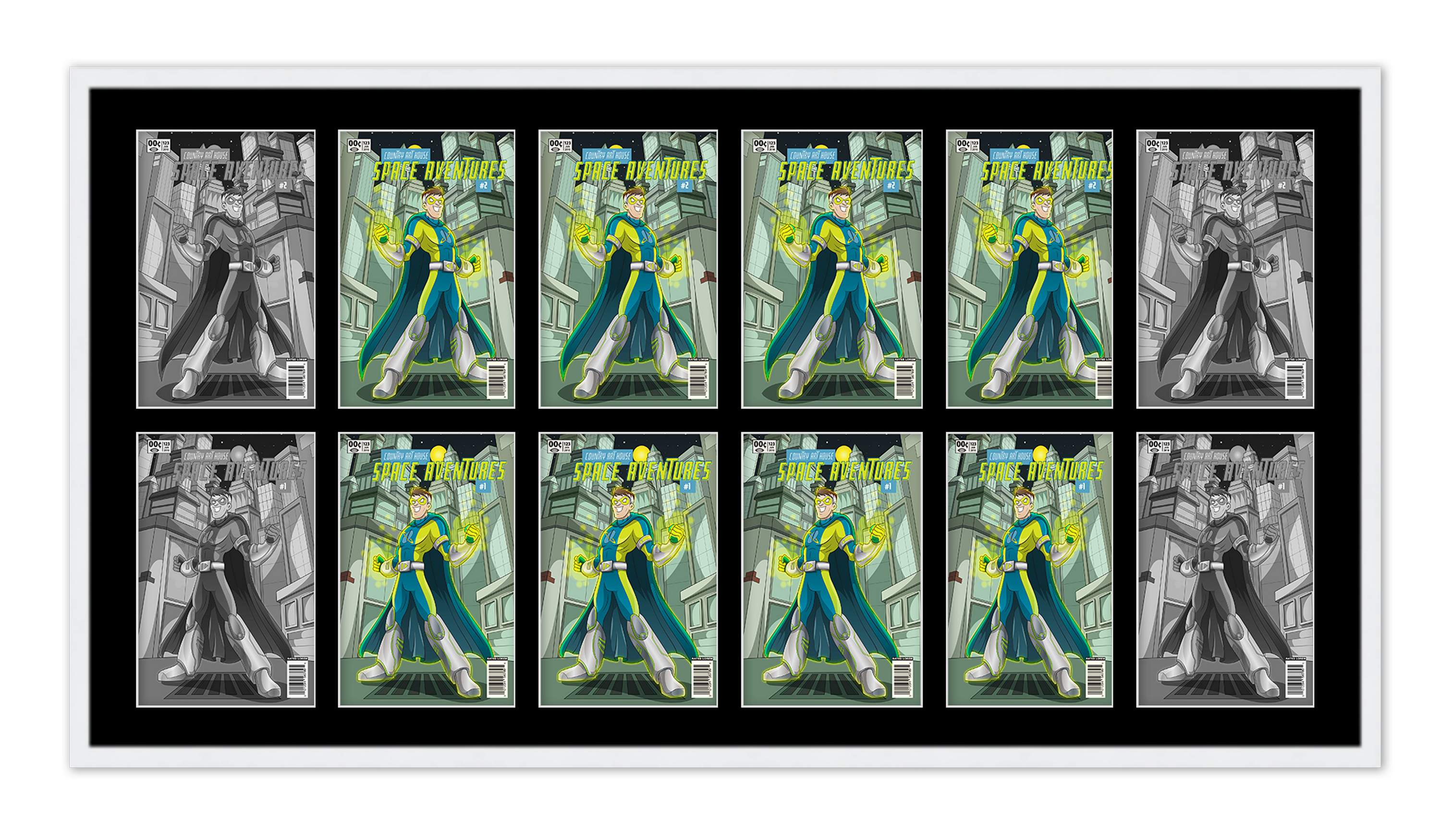 White Comic Book Frame w/ Black Mat To Display 12 Bronze Age Comics Horizontally