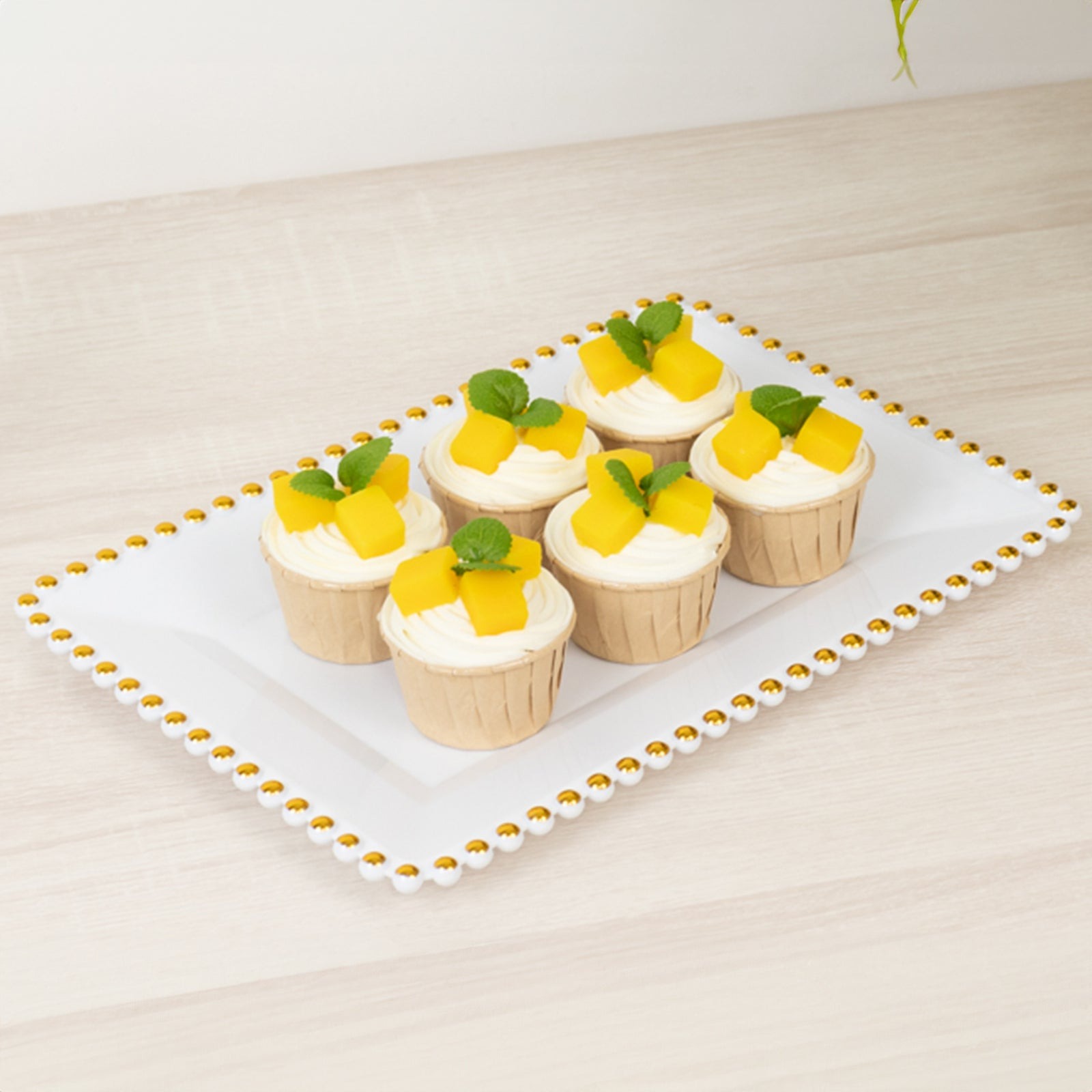 6 Rectangular Acrylic Serving Trays with Gold Beaded Rim Disposable Wedding