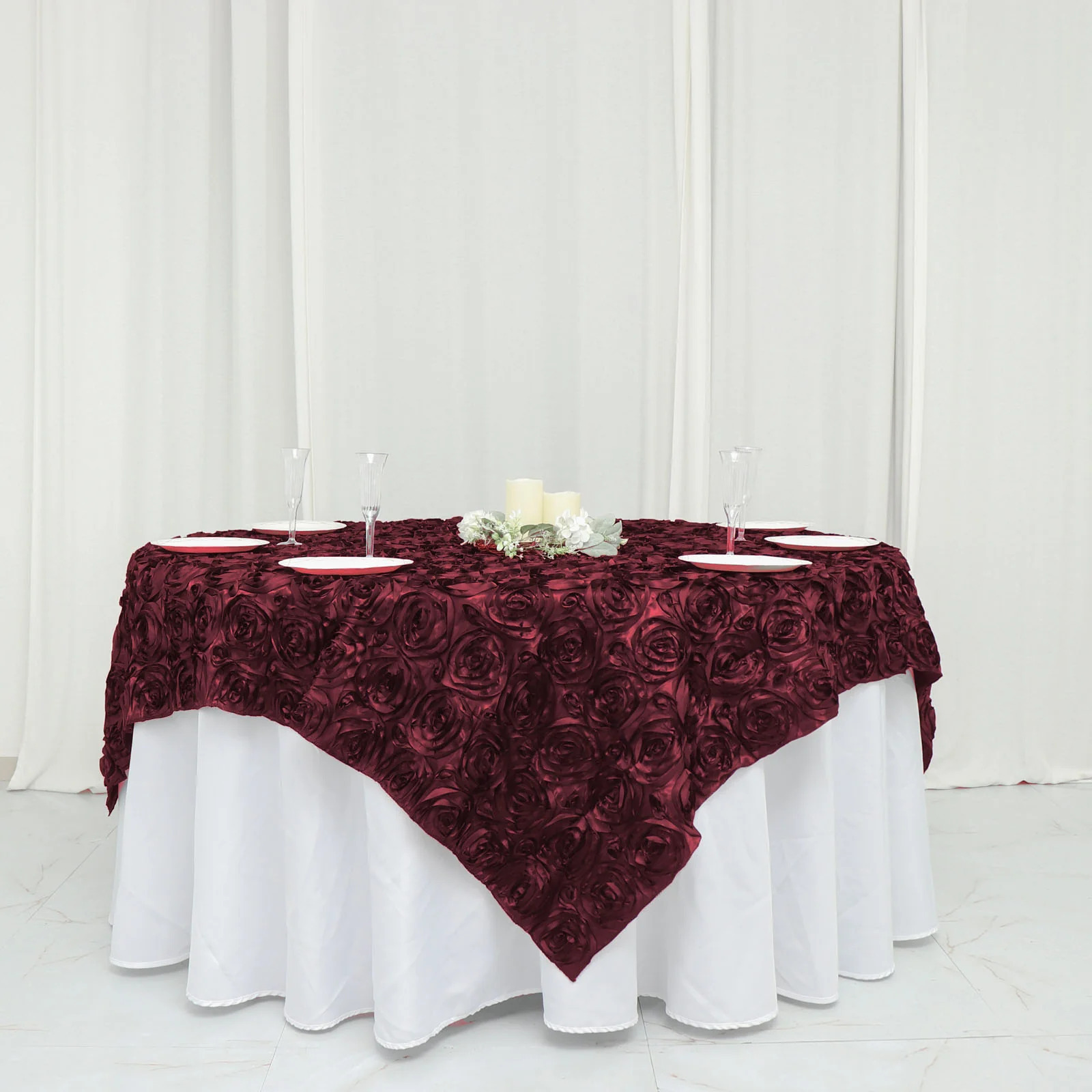 72 inches Raised Roses Square SATIN TABLE OVERLAYS Wedding Catering Event Dinner - Picture 34 of 105