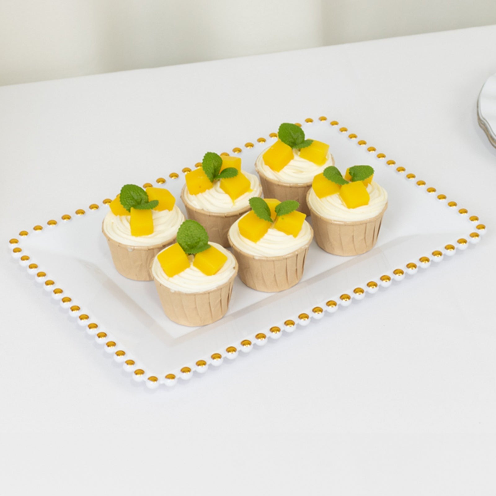 6 Rectangular Acrylic Serving Trays with Gold Beaded Rim Disposable Wedding