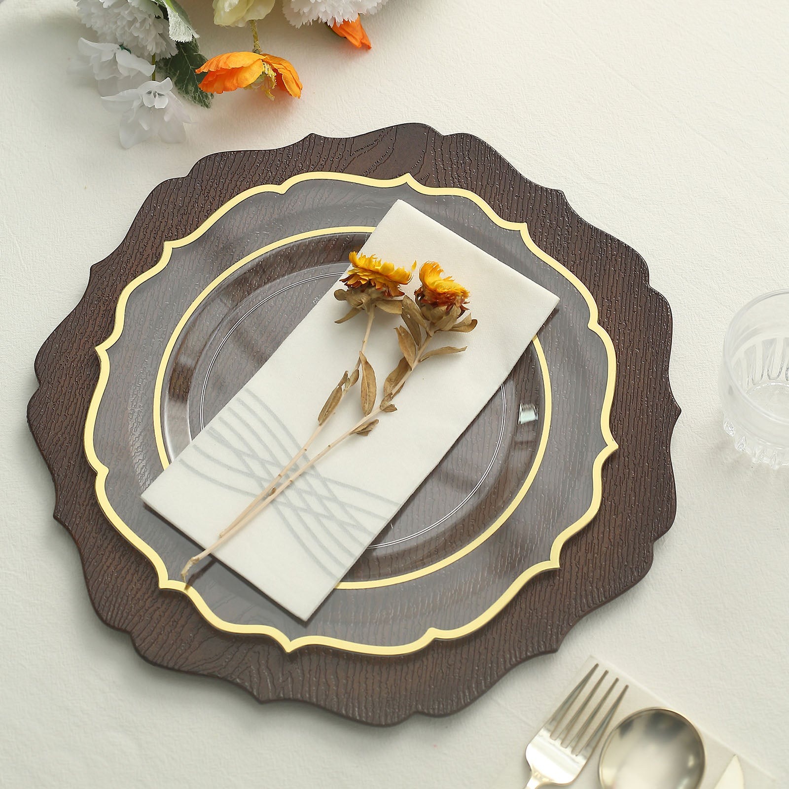 6 Round 13" Rustic Wooden Acrylic Charger Plates Scallop Rim Design Party Events - Picture 7 of 26