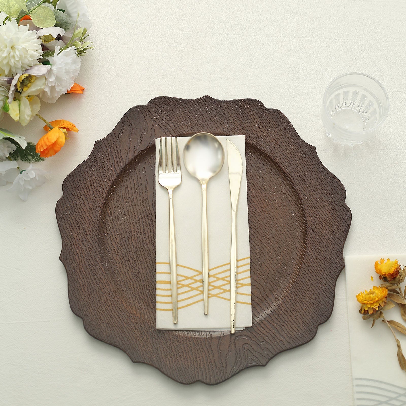 6 Round 13" Rustic Wooden Acrylic Charger Plates Scallop Rim Design Party Events - Picture 6 of 26