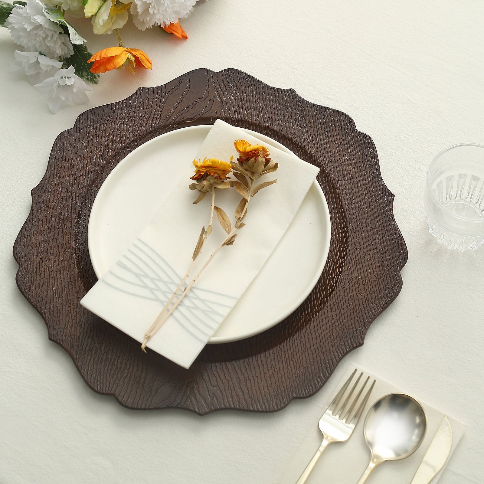 6 Round 13" Rustic Wooden Acrylic Charger Plates Scallop Rim Design Party Events - Picture 5 of 26