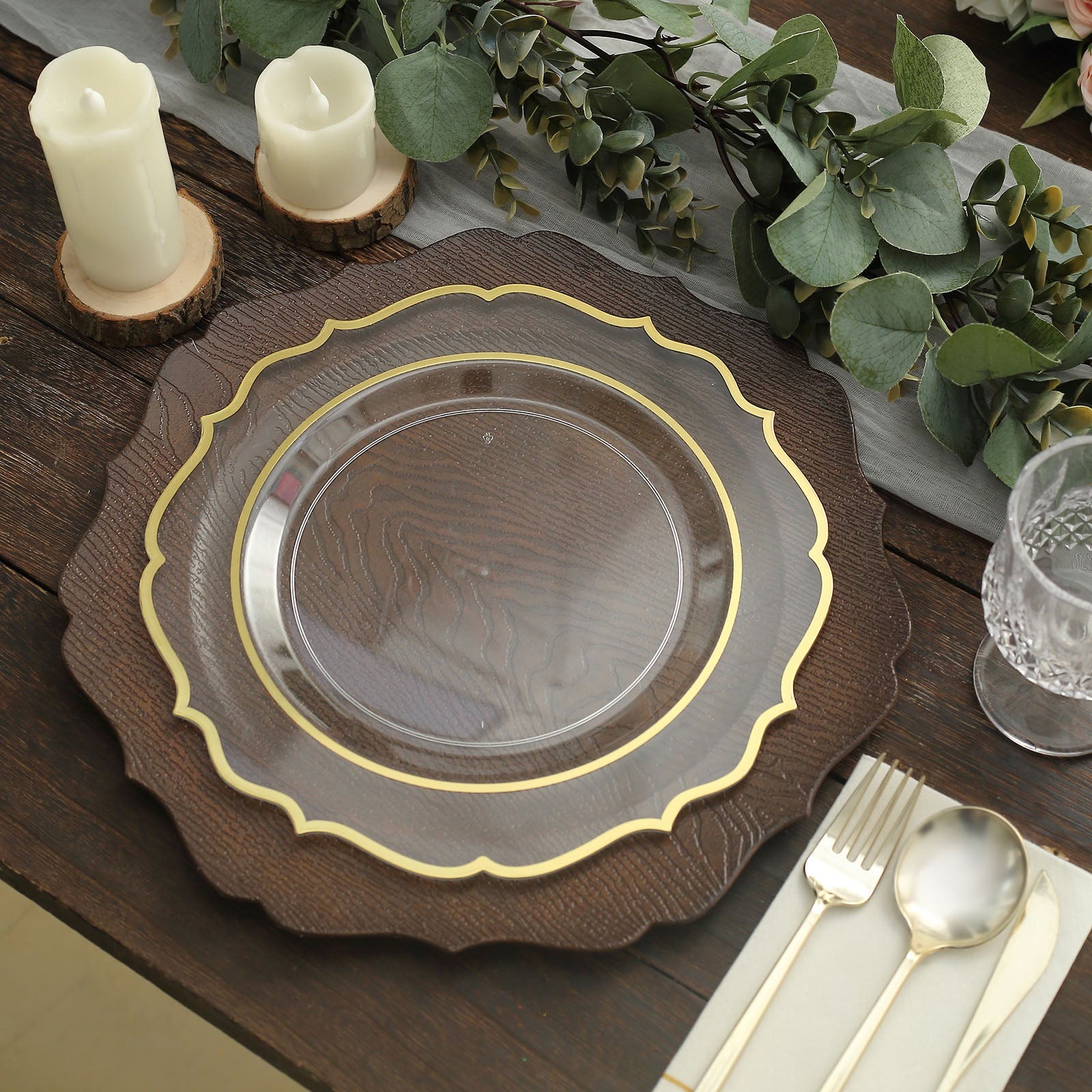 6 Round 13" Rustic Wooden Acrylic Charger Plates Scallop Rim Design Party Events - Picture 8 of 26