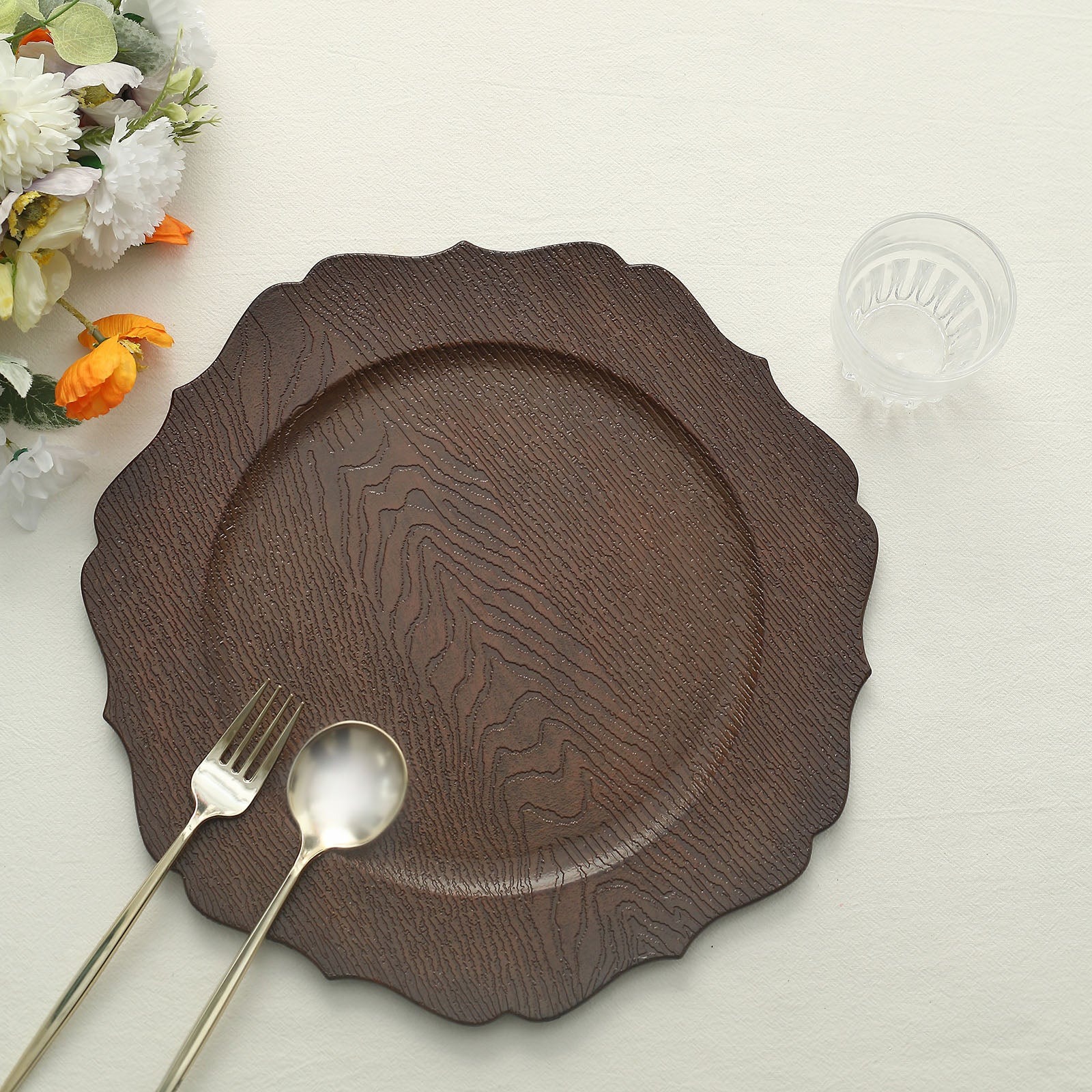 6 Round 13" Rustic Wooden Acrylic Charger Plates Scallop Rim Design Party Events - Picture 9 of 26