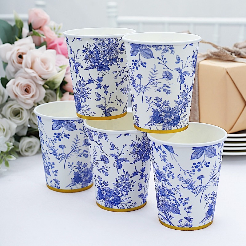 24 pcs 9 oz Floral Design Paper Cups Gold Rim Party Events Decorations