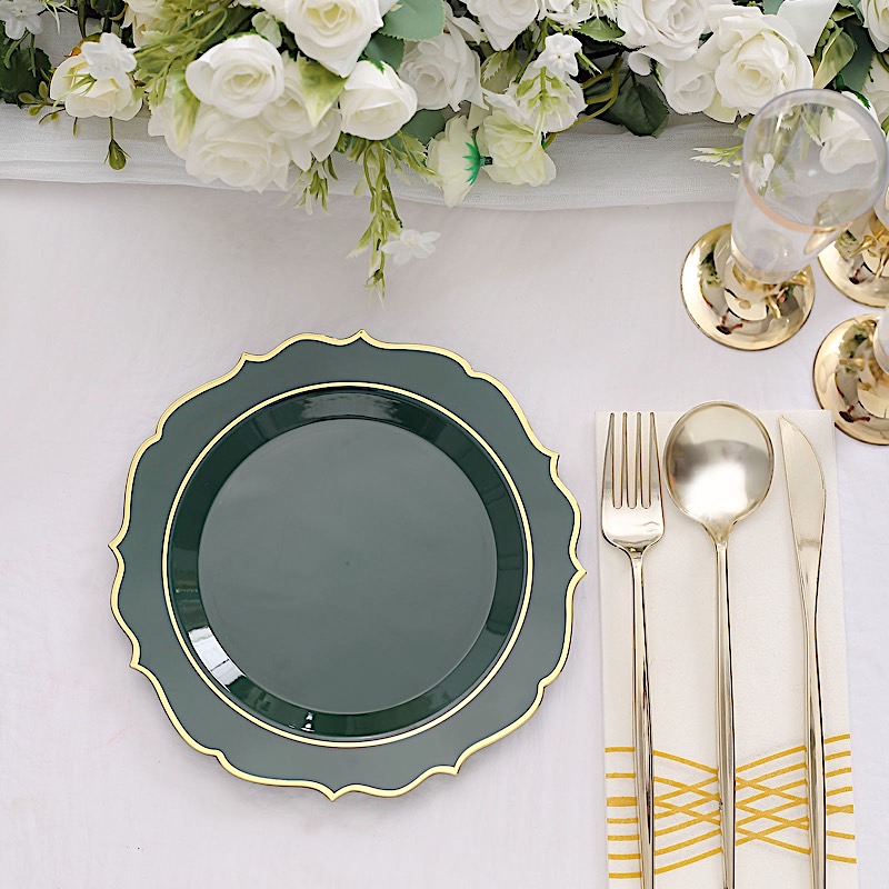 20 HUNTER GREEN 8" Round Plastic Dinner Plates GOLD Scalloped Rim Events Wedding detailed image 8
