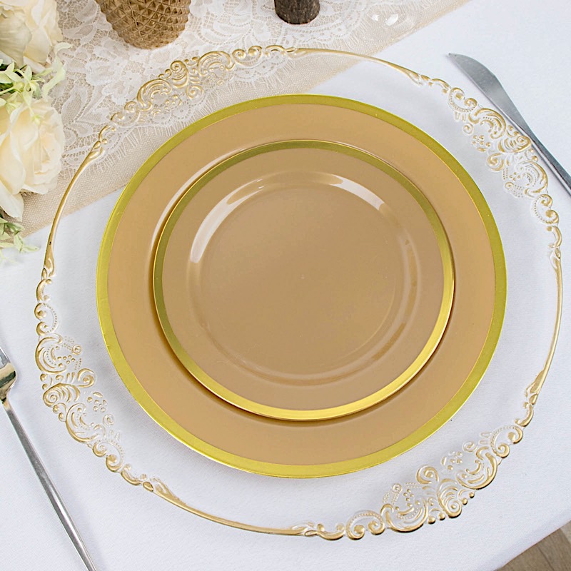 10 Round 7" Plastic Dinner Plates Gold Rim Party Events Wedding Tableware