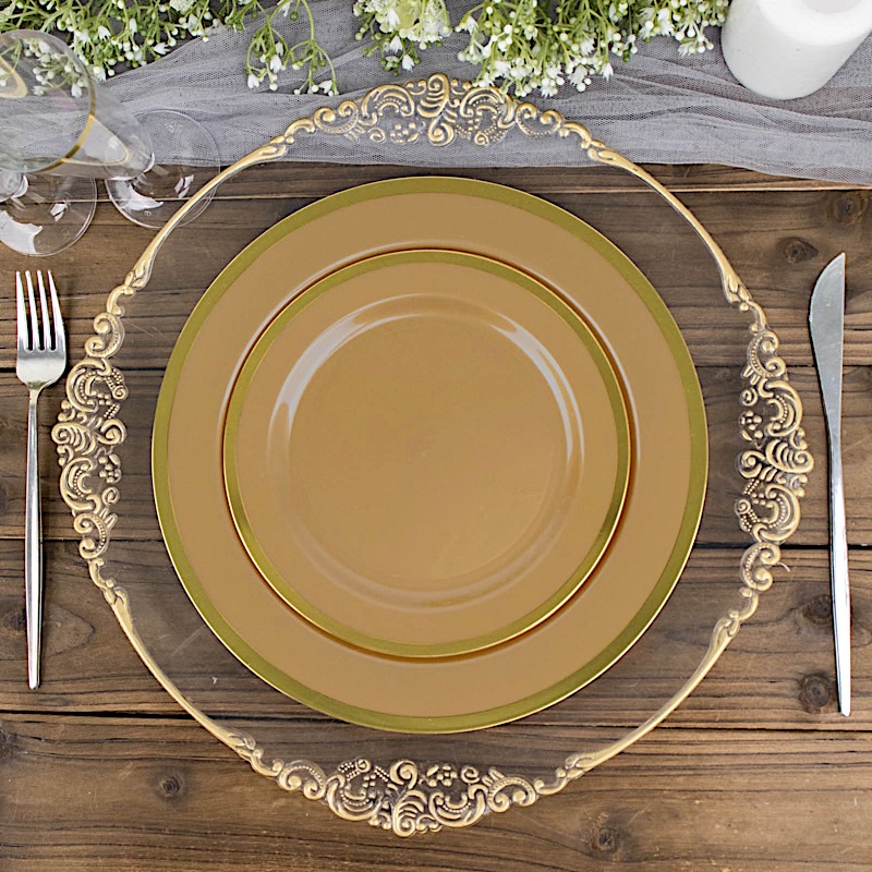 10 Round 7" Plastic Dinner Plates Gold Rim Party Events Wedding Tableware