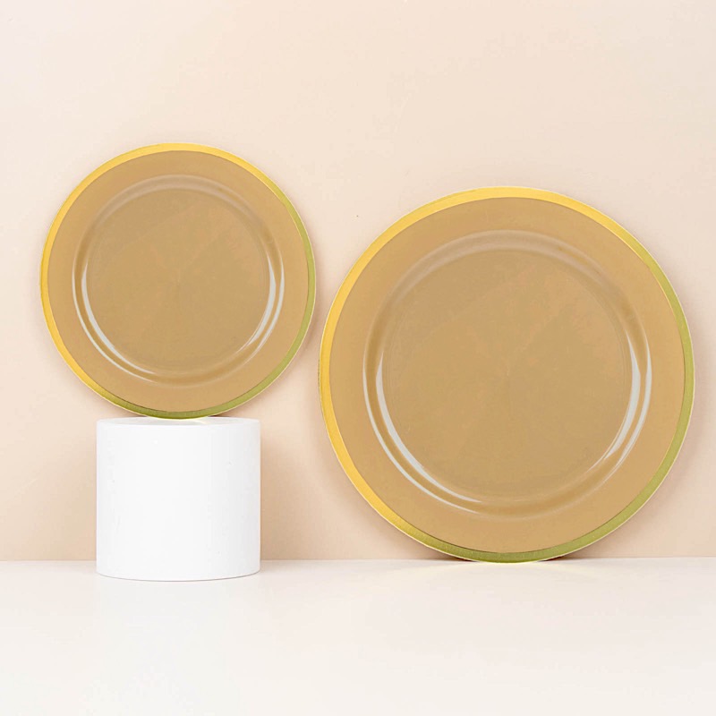 10 Round 7" Plastic Dinner Plates Gold Rim Party Events Wedding Tableware