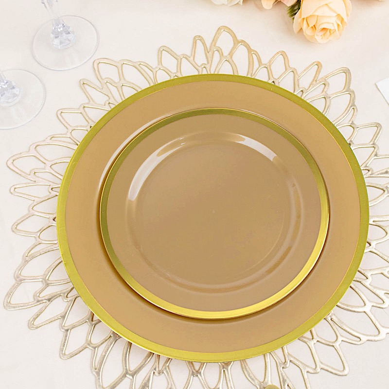 10 Round 7" Plastic Dinner Plates Gold Rim Party Events Wedding Tableware