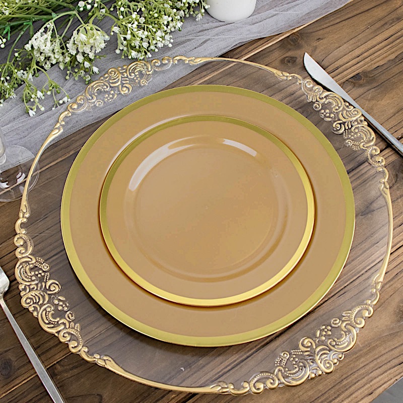 10 Round 7" Plastic Dinner Plates Gold Rim Party Events Wedding Tableware