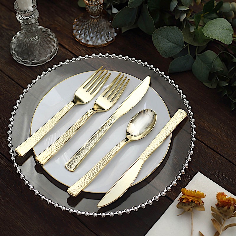 24 Metallic 7 in Plastic CUTLERY Hammered Design Spoons Forks Knives Set Party - Picture 10 of 26