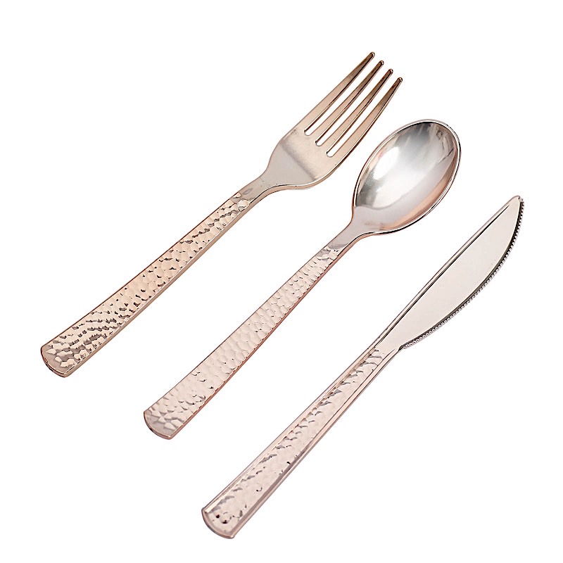 24 Metallic 7 in Plastic CUTLERY Hammered Design Spoons Forks Knives Set Party - Picture 12 of 26
