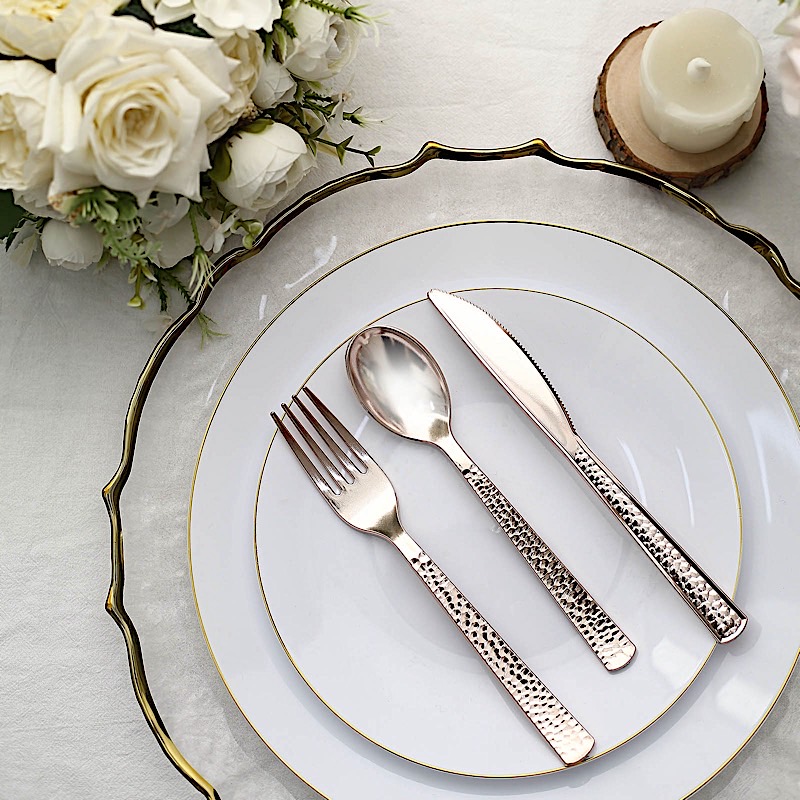 24 Metallic 7 in Plastic CUTLERY Hammered Design Spoons Forks Knives Set Party - Picture 15 of 26