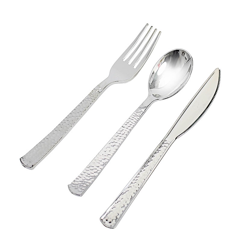 24 Metallic 7 in Plastic CUTLERY Hammered Design Spoons Forks Knives Set Party - Picture 20 of 26