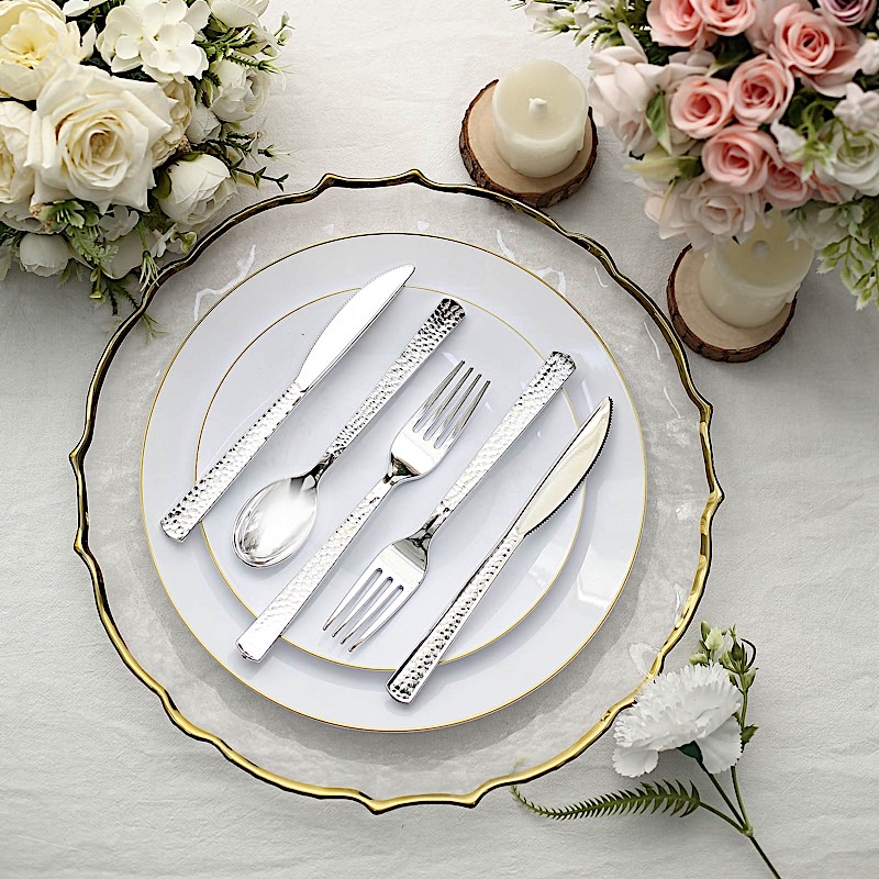 24 Metallic 7 in Plastic CUTLERY Hammered Design Spoons Forks Knives Set Party - Picture 21 of 26
