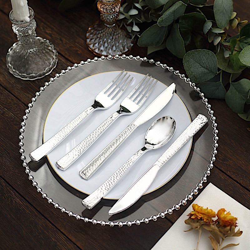 24 Metallic 7 in Plastic CUTLERY Hammered Design Spoons Forks Knives Set Party - Picture 19 of 26