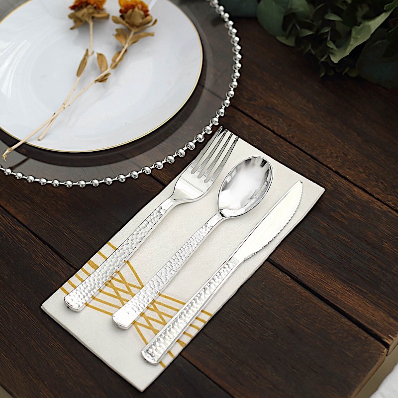 24 Metallic 7 in Plastic CUTLERY Hammered Design Spoons Forks Knives Set Party - Picture 24 of 26