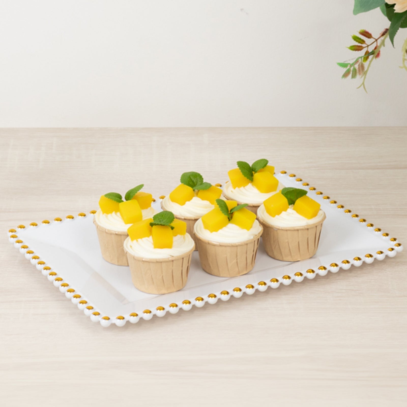 6 Rectangular Acrylic Serving Trays with Gold Beaded Rim Disposable Wedding