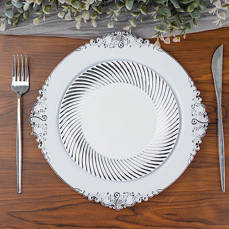 10 Round 9 in Disposable Dinner Plastic PLATES Swirl Design Trim Party Events - Picture 23 of 25