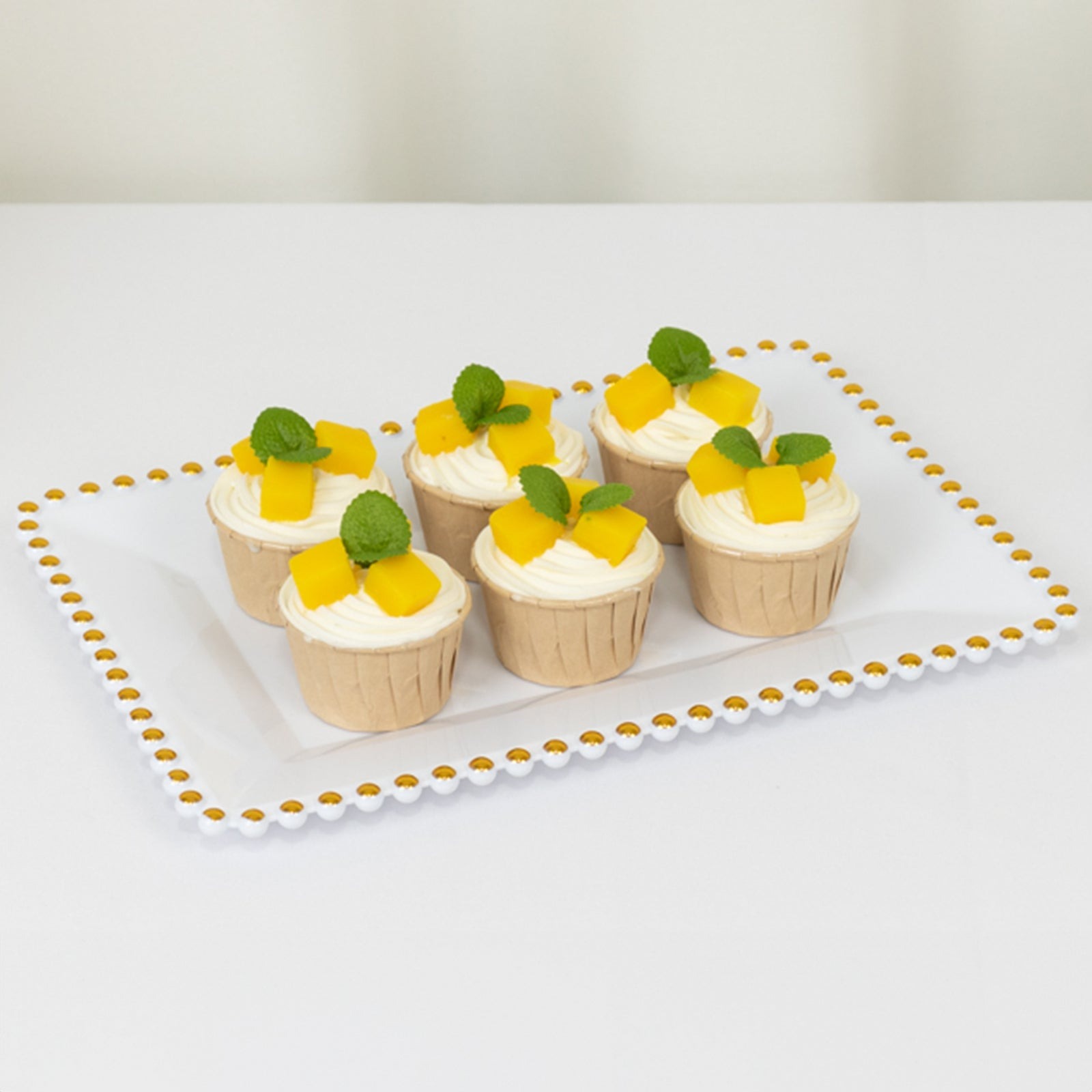 6 Rectangular Acrylic Serving Trays with Gold Beaded Rim Disposable Wedding